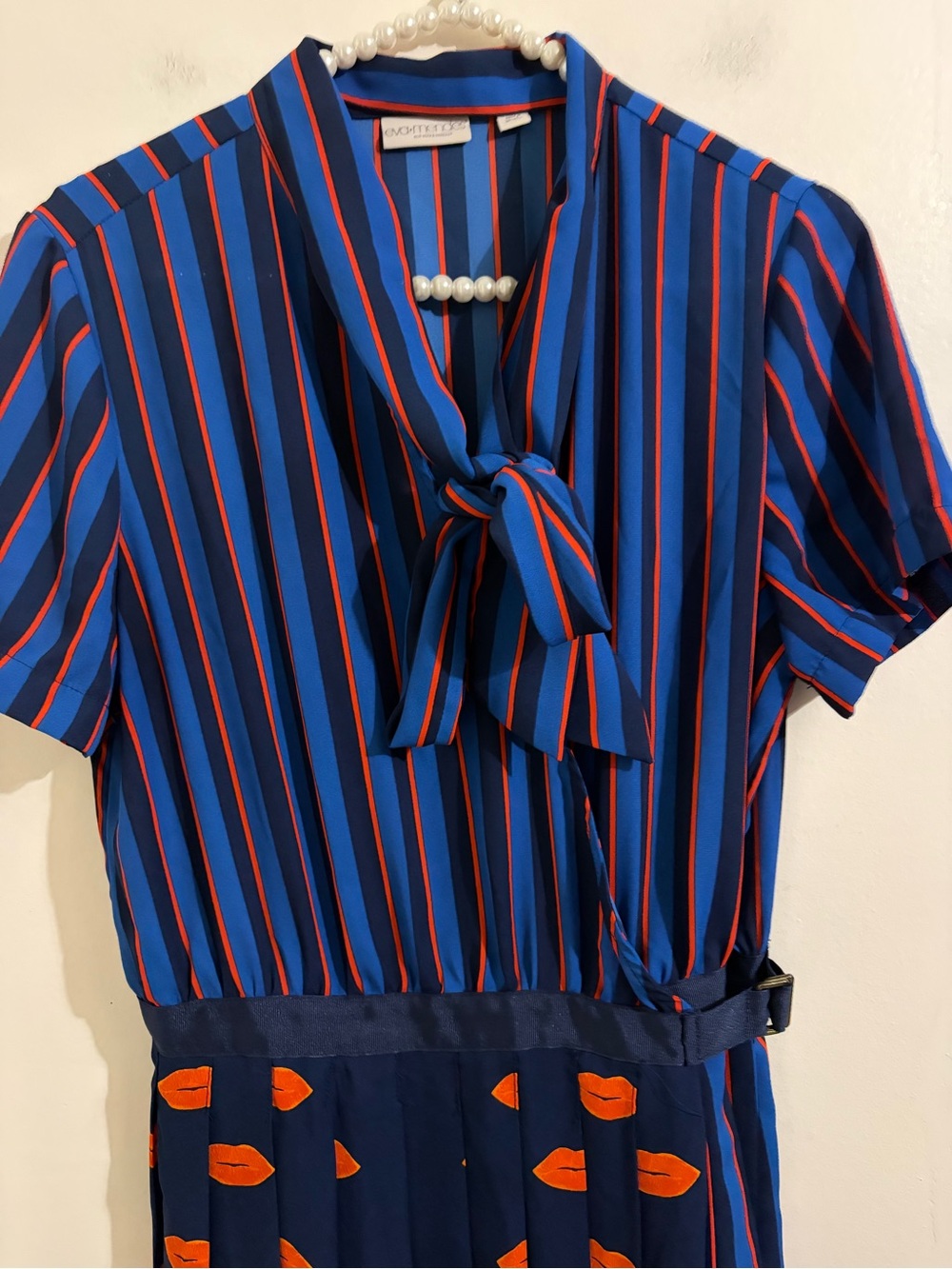 New York & Company Navy and Orange Striped & Pleated Midi Dress - Picture 5 of 15